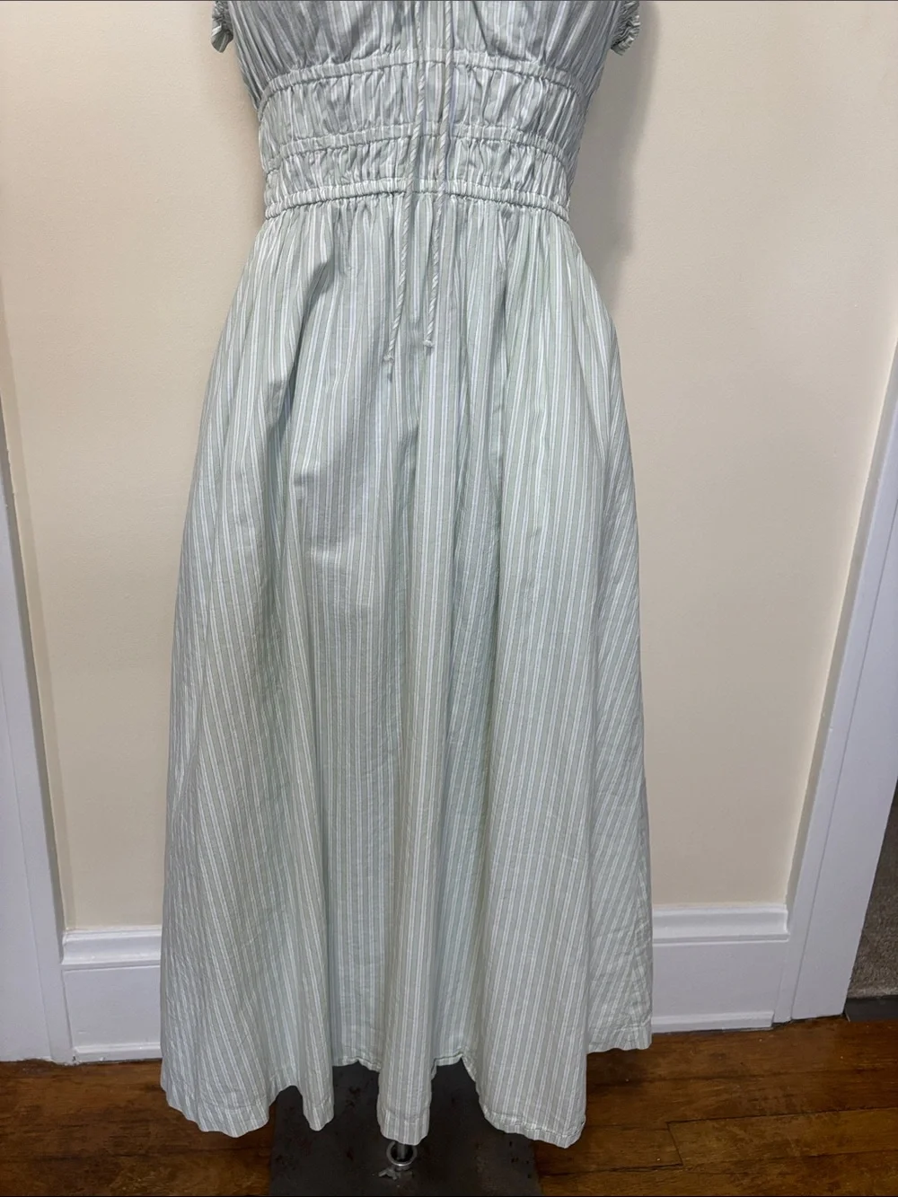 Old Navy Sage Green Striped Midi Dress with Ruffled Straps and Smocked Waist - Picture 4 of 15